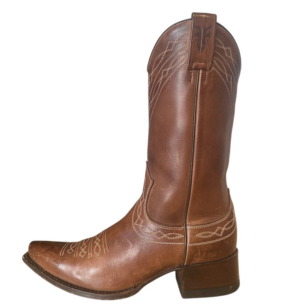 Frye Vintage Brown Leather Mid Calf Pointed Toe Harness Boots Size 7